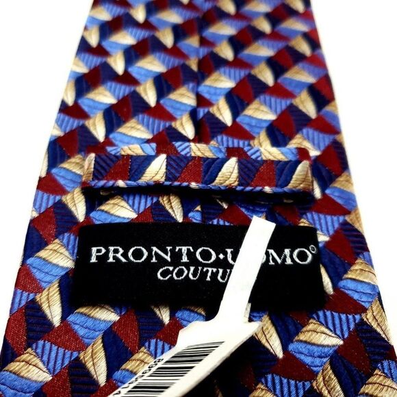 Pronto Uomo Couture Silk Tie Woven Red Blue Yellow Geometric - Picture 5 of 8